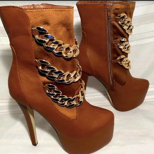 Eye Candie Chain Platform High Heels Brown Gold 9